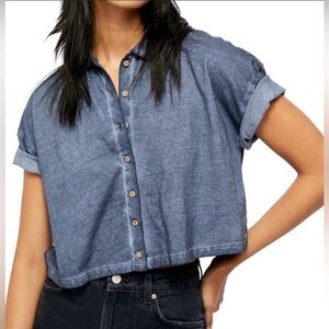 NWT Womens Free People Weekend Rush Button Down Soft Knit Cropped Top Shirt Sz M